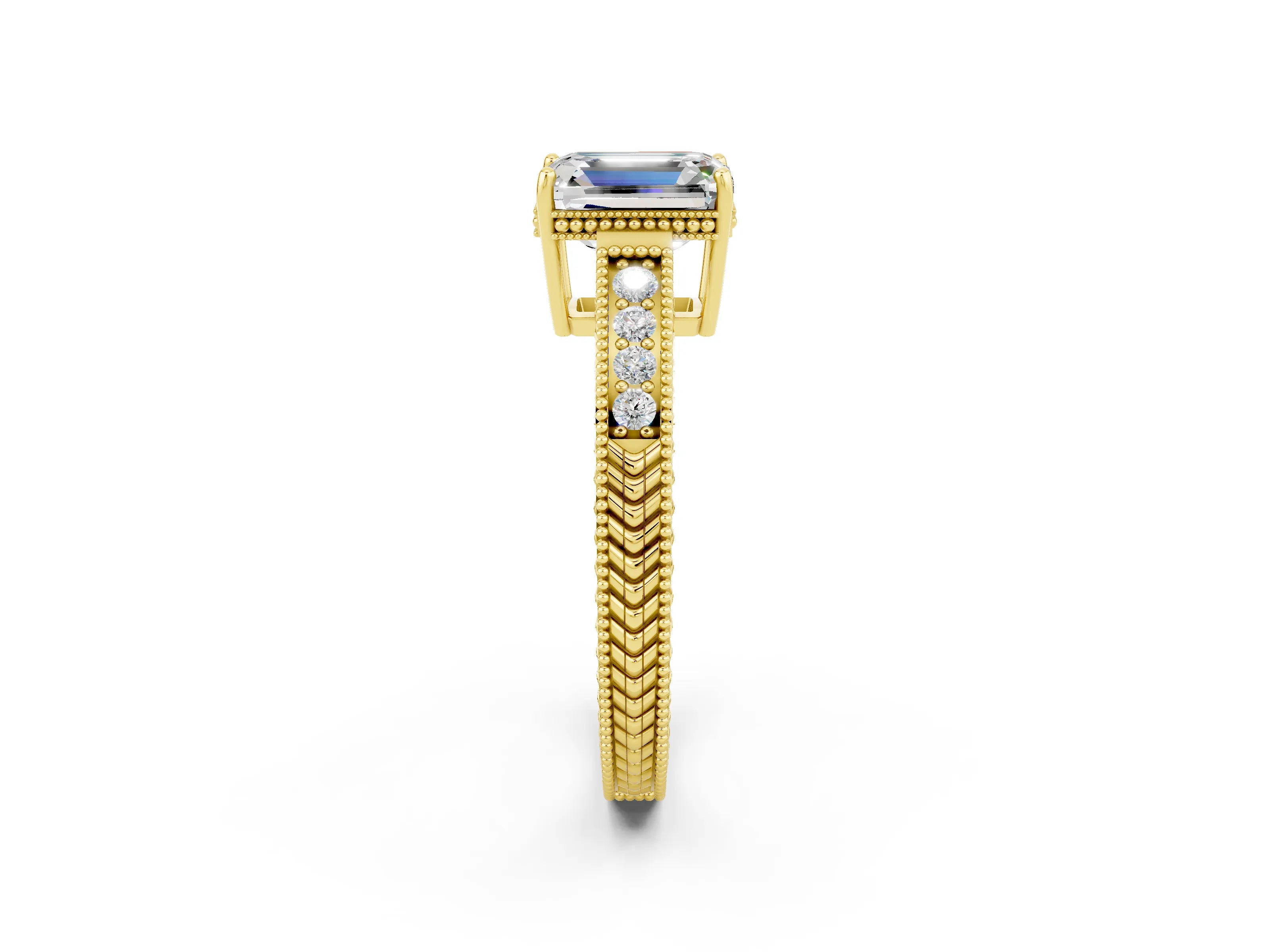 Yellow gold Emerald Cut Moissanite Engagement Ring with Milgrain Channel Set Band and Prong Setting_2