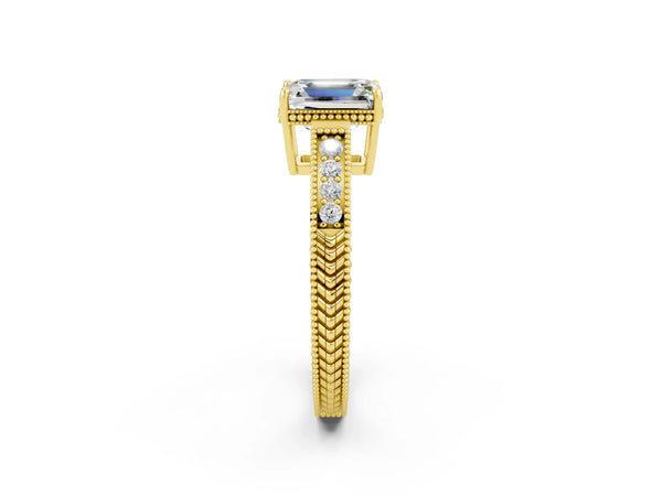 Yellow gold Emerald Cut Moissanite Engagement Ring with Milgrain Channel Set Band and Prong Setting