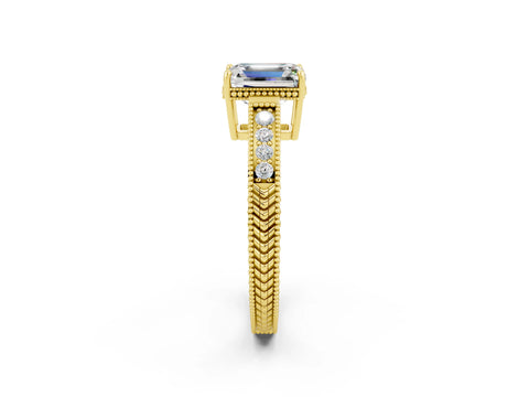 Yellow gold Emerald Cut Moissanite Engagement Ring with Milgrain Channel Set Band and Prong Setting_2