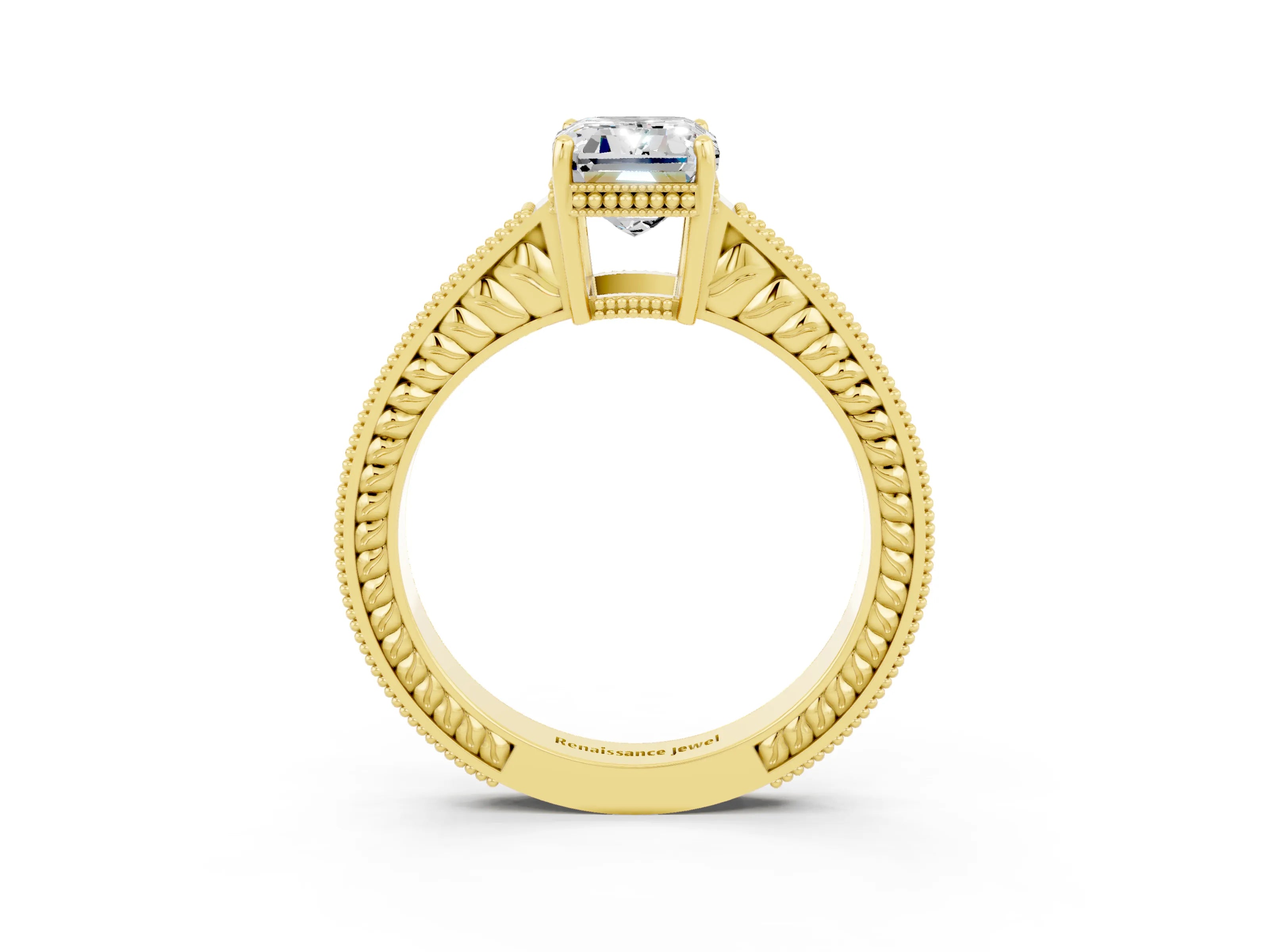Yellow gold Emerald Cut Moissanite Engagement Ring with Milgrain Channel Set Band and Prong Setting_3