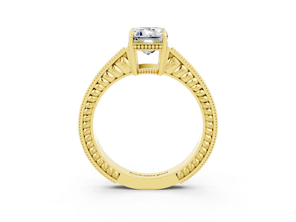 Yellow gold Emerald Cut Moissanite Engagement Ring with Milgrain Channel Set Band and Prong Setting