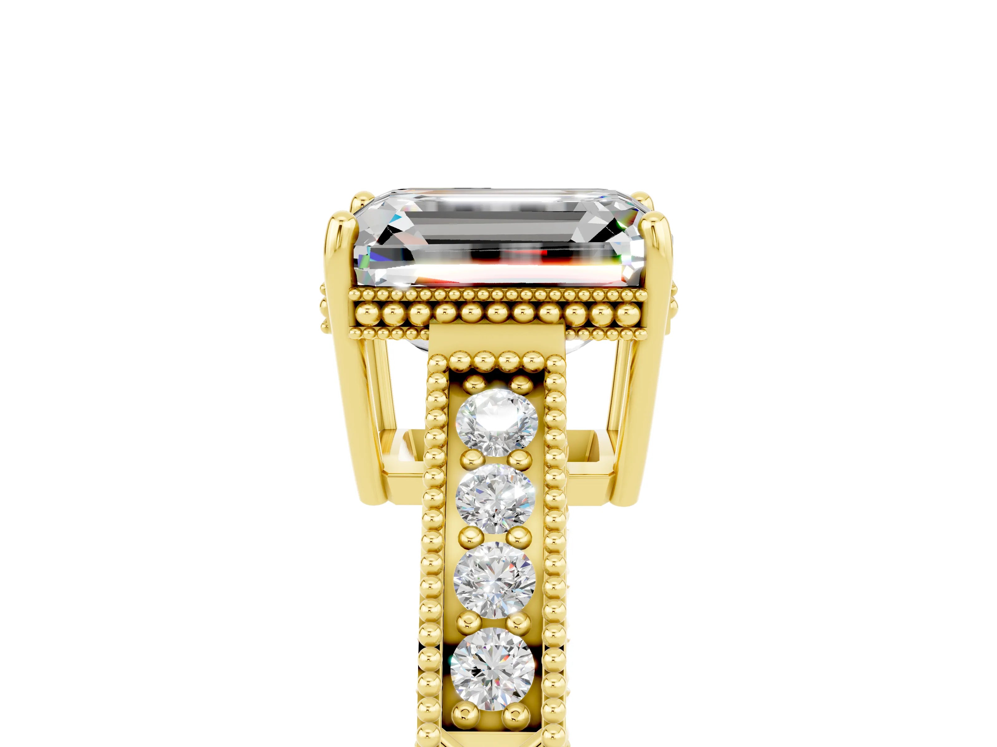 Yellow gold Emerald Cut Moissanite Engagement Ring with Milgrain Channel Set Band and Prong Setting_5