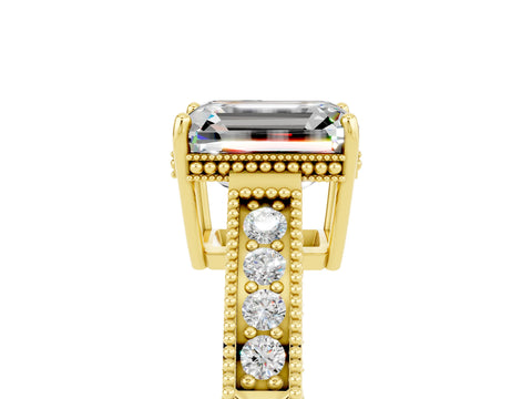Yellow gold Emerald Cut Moissanite Engagement Ring with Milgrain Channel Set Band and Prong Setting_5
