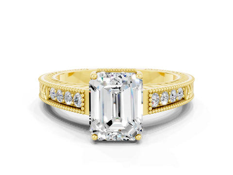 Yellow gold Emerald Cut Moissanite Engagement Ring with Milgrain Channel Set Band and Prong Setting