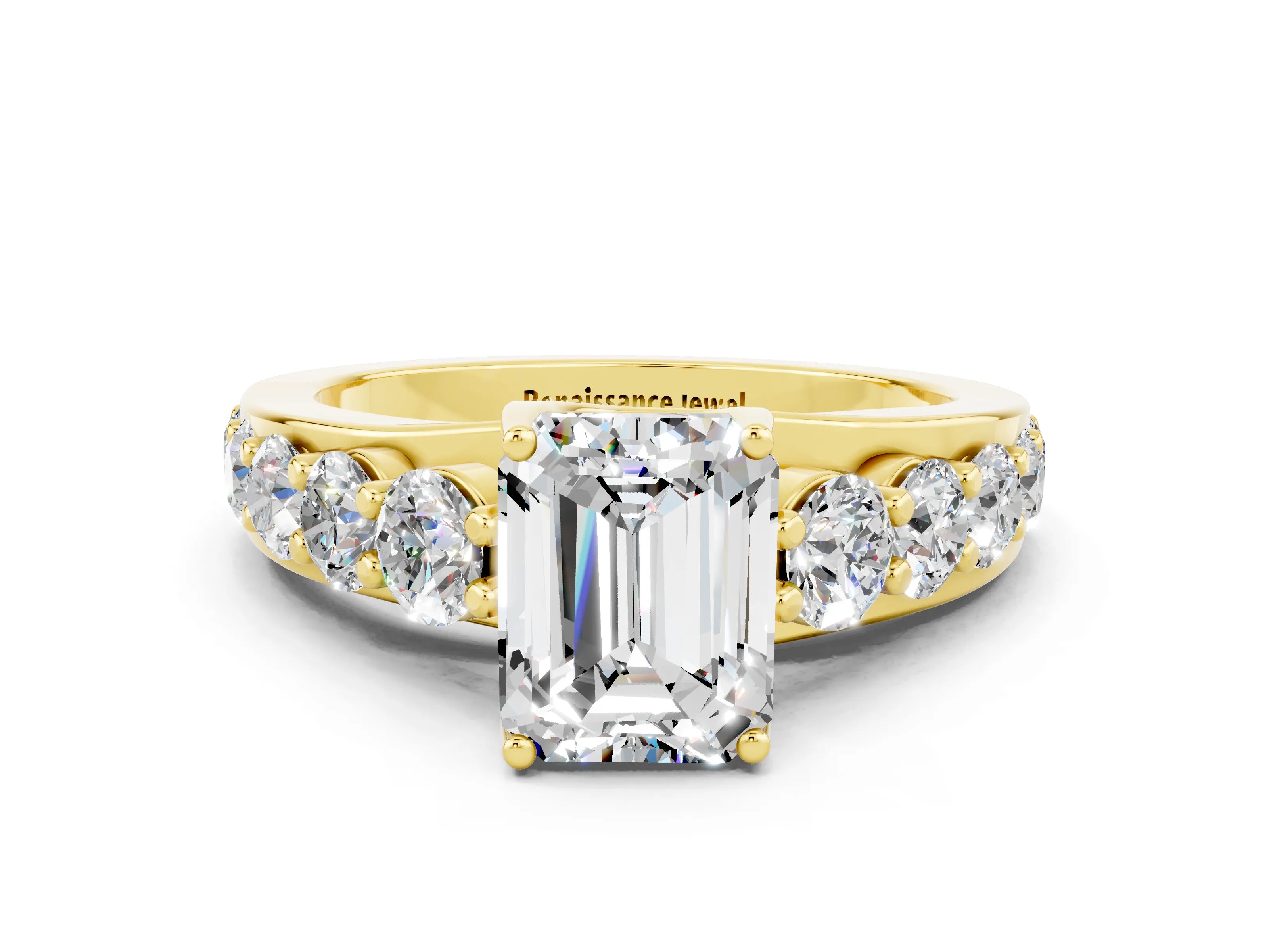 Yellow gold Emerald Cut Moissanite Engagement Ring with Pavé Band and Four-Prong Setting