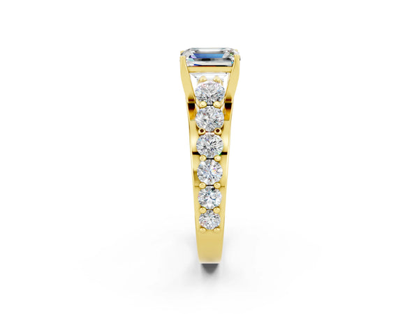 Yellow gold Emerald Cut Moissanite Engagement Ring with Pavé Band and Four-Prong Setting