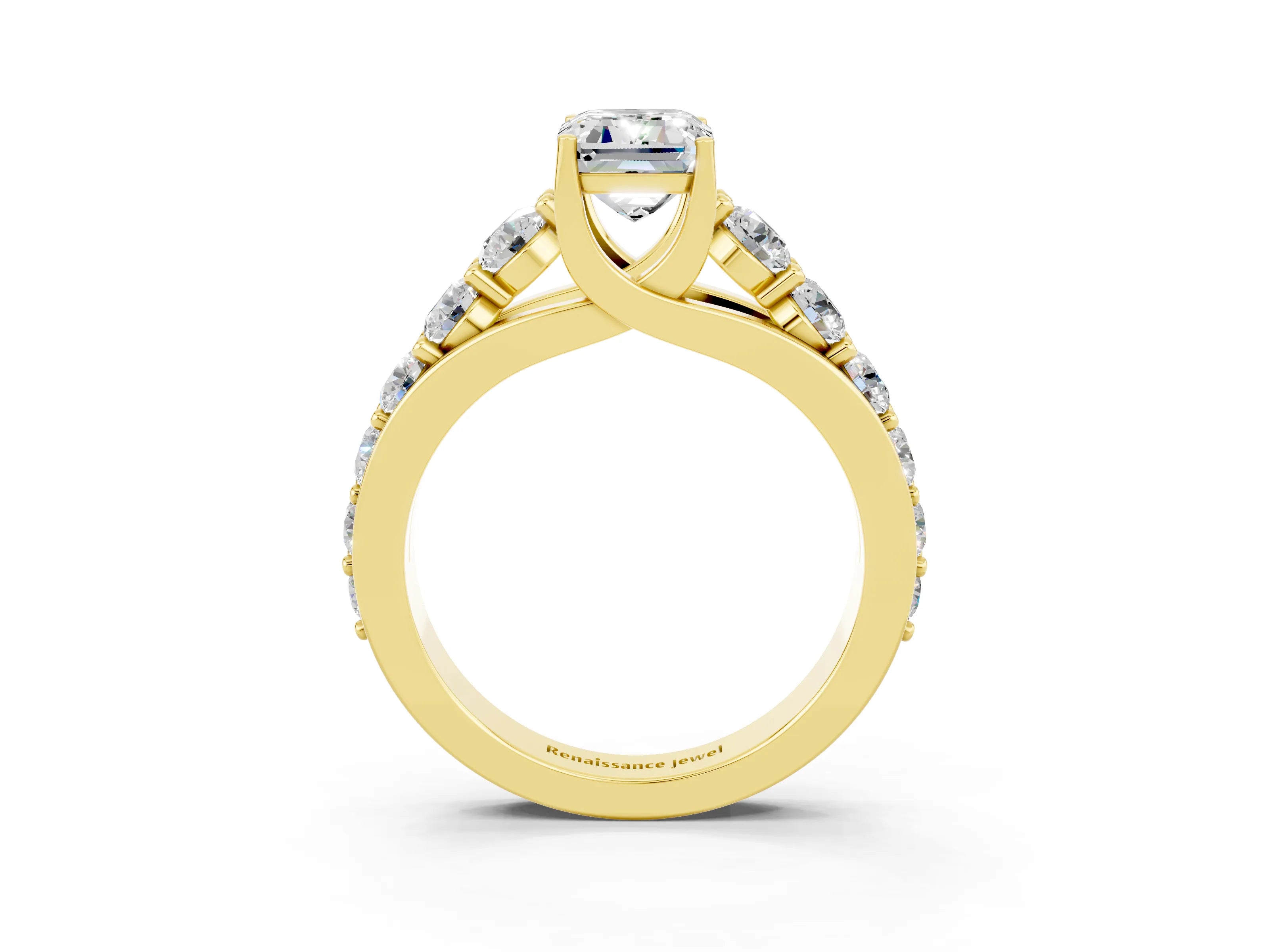 Yellow gold Emerald Cut Moissanite Engagement Ring with Pavé Band and Four-Prong Setting_3