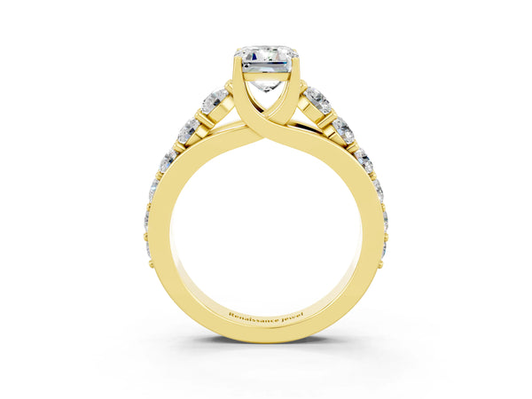 Yellow gold Emerald Cut Moissanite Engagement Ring with Pavé Band and Four-Prong Setting