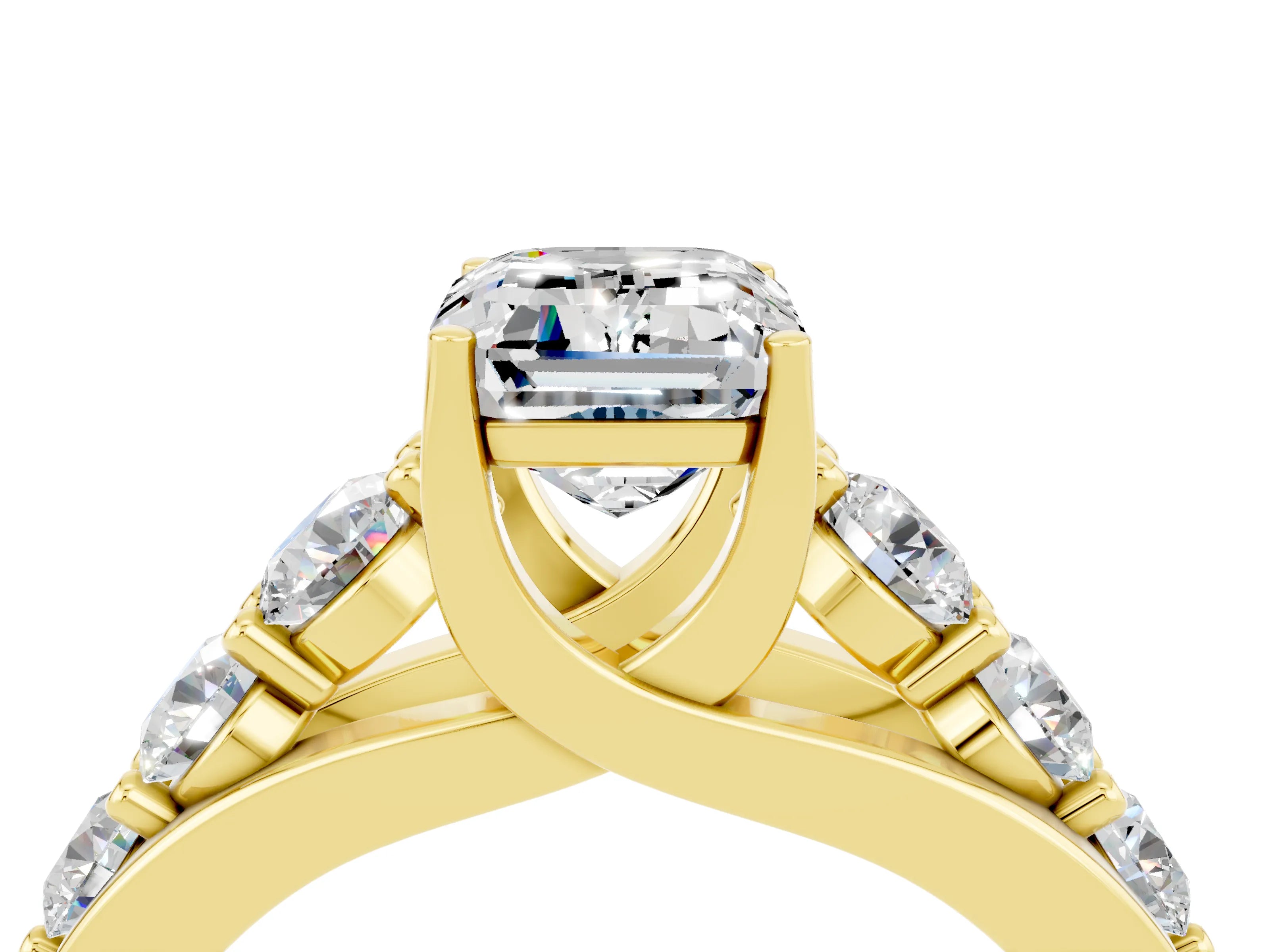 Yellow gold Emerald Cut Moissanite Engagement Ring with Pavé Band and Four-Prong Setting_4