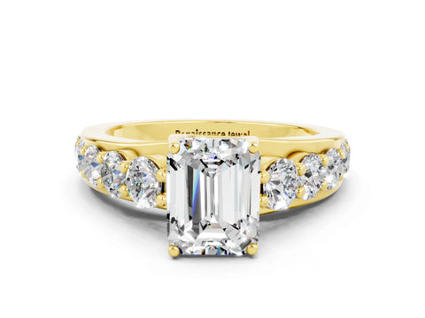 Yellow gold Emerald Cut Moissanite Engagement Ring with Pavé Band and Four-Prong Setting