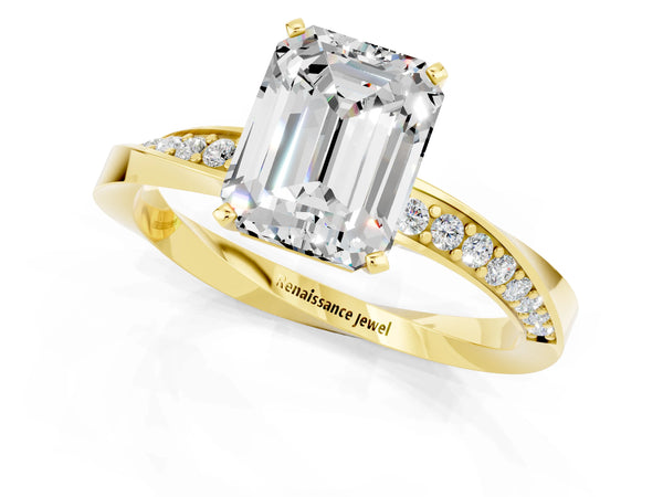 Yellow gold Emerald Cut Moissanite Engagement Ring with Side Stone Accents and Four-Prong Setting