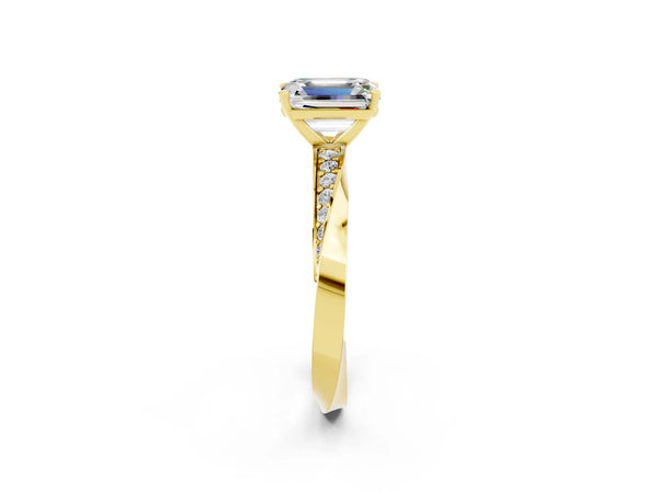 Yellow gold Emerald Cut Moissanite Engagement Ring with Side Stone Accents and Four-Prong Setting