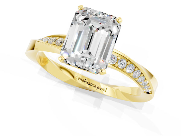 Yellow gold Emerald Cut Moissanite Engagement Ring with Side Stone Accents and Four-Prong Setting