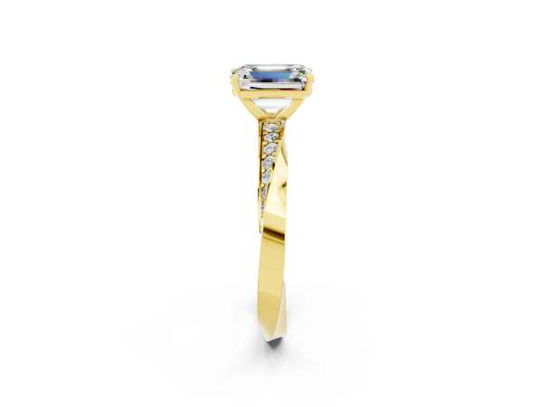 Yellow gold Emerald Cut Moissanite Engagement Ring with Side Stone Accents and Four-Prong Setting