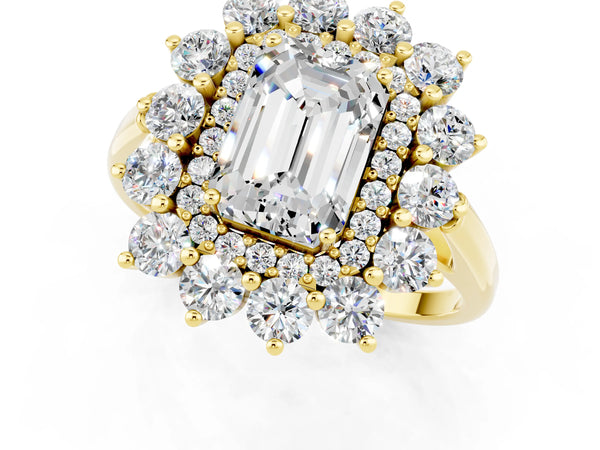 Yellow gold Emerald Cut Moissanite Floral Double Halo Engagement Ring with Prong Setting