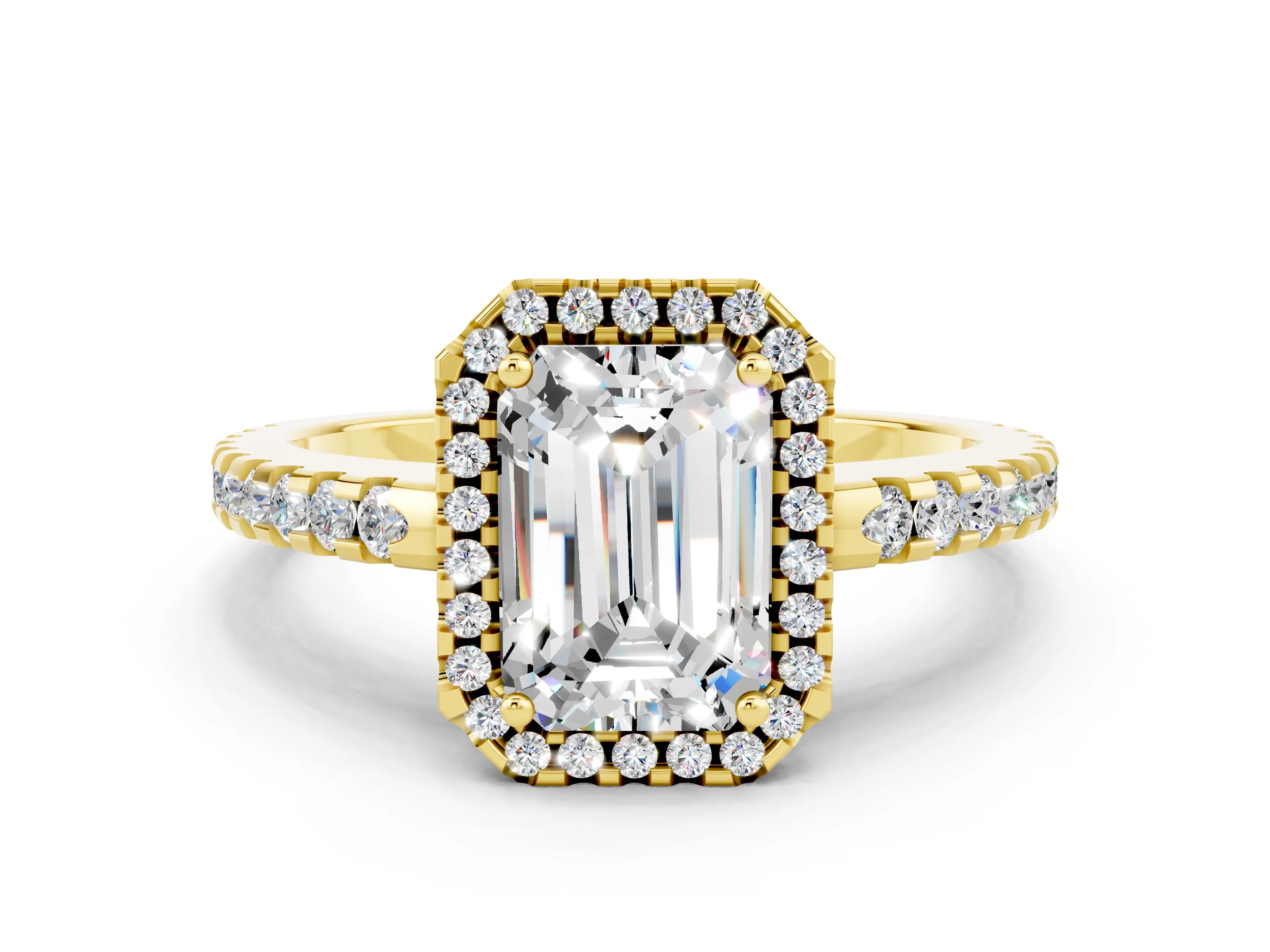 Yellow gold Emerald Cut Moissanite Halo Engagement Ring with Pavé Band and Prong Setting_12