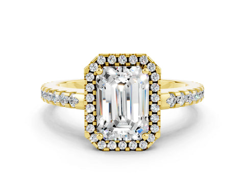 Yellow gold Emerald Cut Moissanite Halo Engagement Ring with Pavé Band and Prong Setting_12