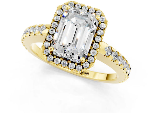 Yellow gold Emerald Cut Moissanite Halo Engagement Ring with Pavé Band and Prong Setting_13