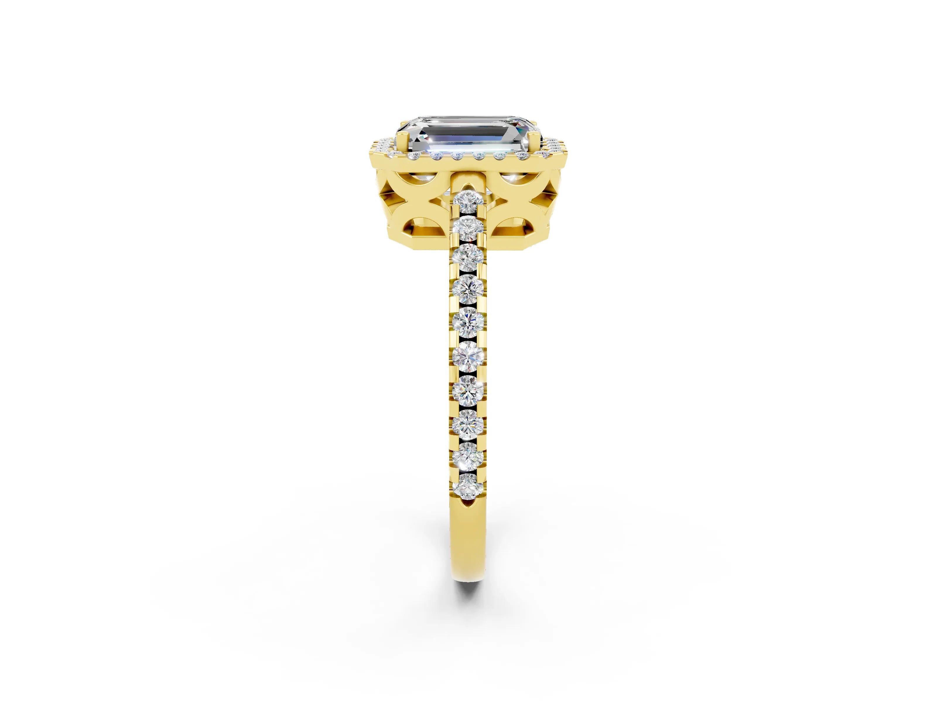 Yellow gold Emerald Cut Moissanite Halo Engagement Ring with Pavé Band and Prong Setting_14
