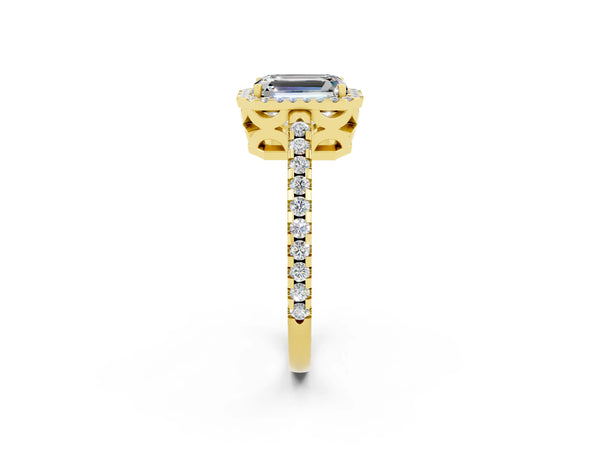 Yellow gold Emerald Cut Moissanite Halo Engagement Ring with Pavé Band and Prong Setting
