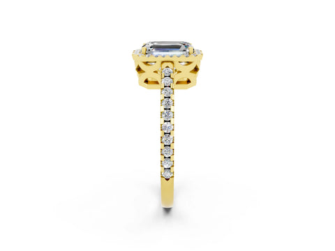 Yellow gold Emerald Cut Moissanite Halo Engagement Ring with Pavé Band and Prong Setting_14