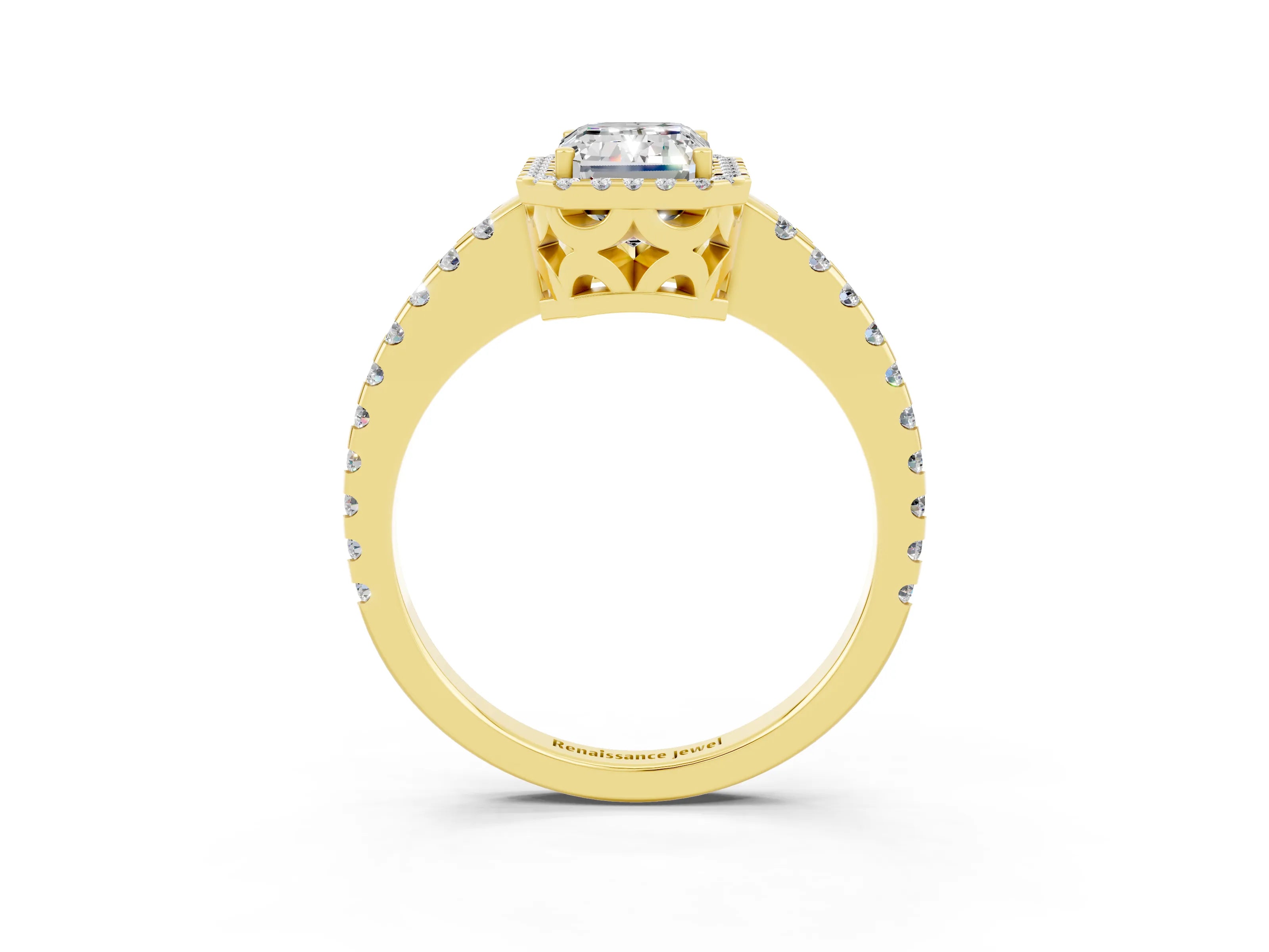Yellow gold Emerald Cut Moissanite Halo Engagement Ring with Pavé Band and Prong Setting_15