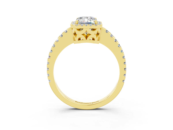 Yellow gold Emerald Cut Moissanite Halo Engagement Ring with Pavé Band and Prong Setting