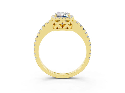 Yellow gold Emerald Cut Moissanite Halo Engagement Ring with Pavé Band and Prong Setting_15