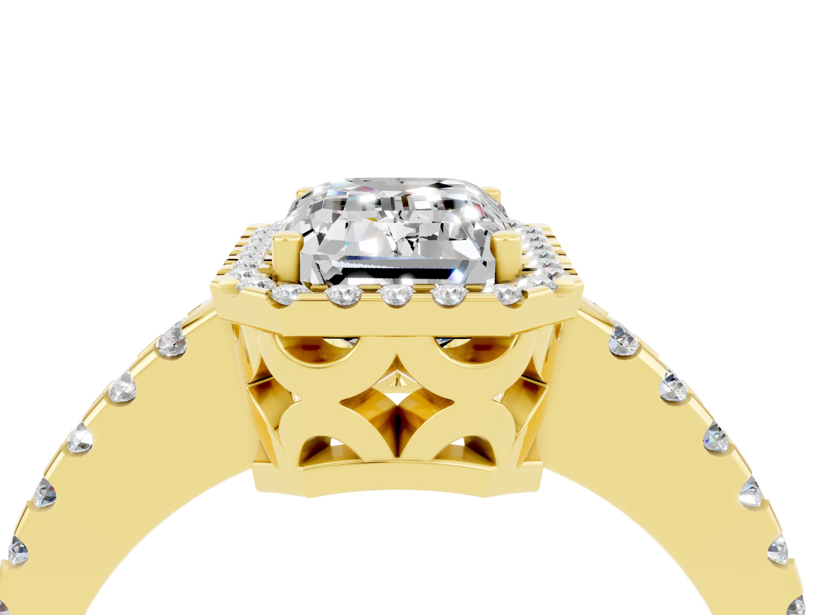 Yellow gold Emerald Cut Moissanite Halo Engagement Ring with Pavé Band and Prong Setting_16