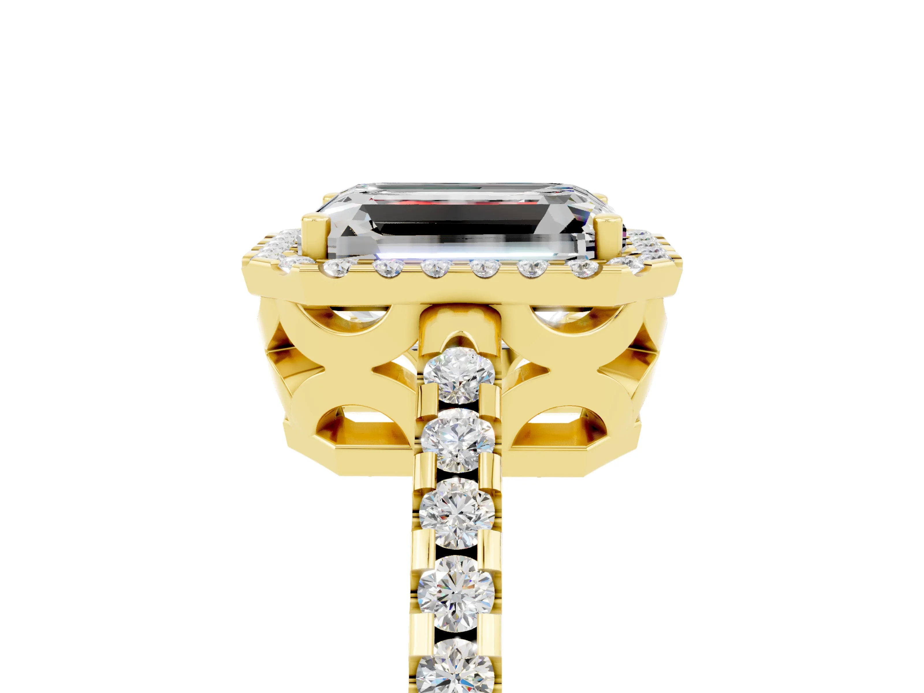 Yellow gold Emerald Cut Moissanite Halo Engagement Ring with Pavé Band and Prong Setting_17