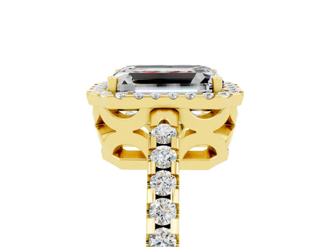 Yellow gold Emerald Cut Moissanite Halo Engagement Ring with Pavé Band and Prong Setting_17