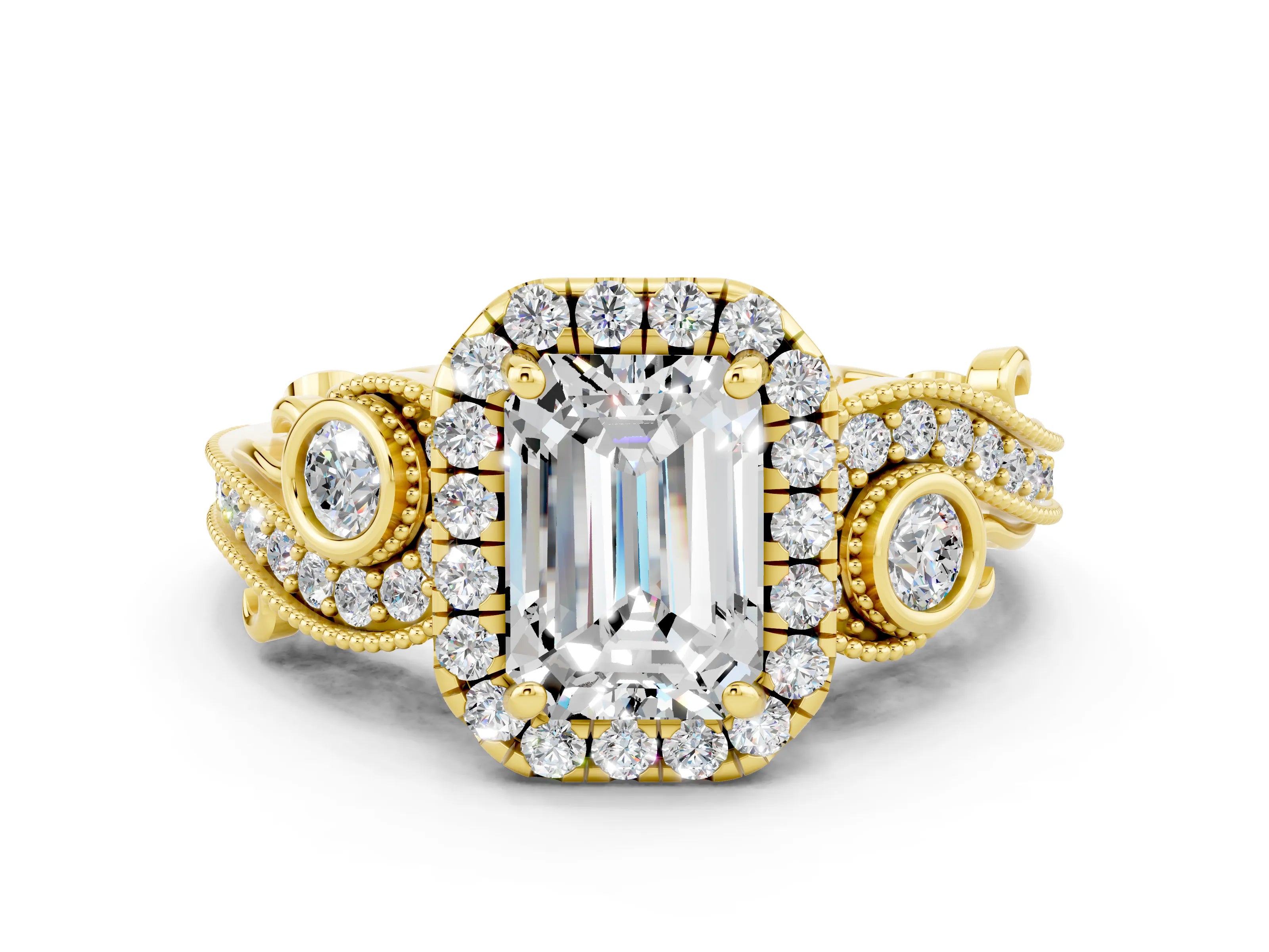 Yellow gold Emerald Cut Moissanite Halo Ring with Milgrain Pavé Band and Four-Prong Setting_12