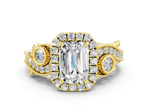 Yellow gold Emerald Cut Moissanite Halo Ring with Milgrain Pavé Band and Four-Prong Setting_12