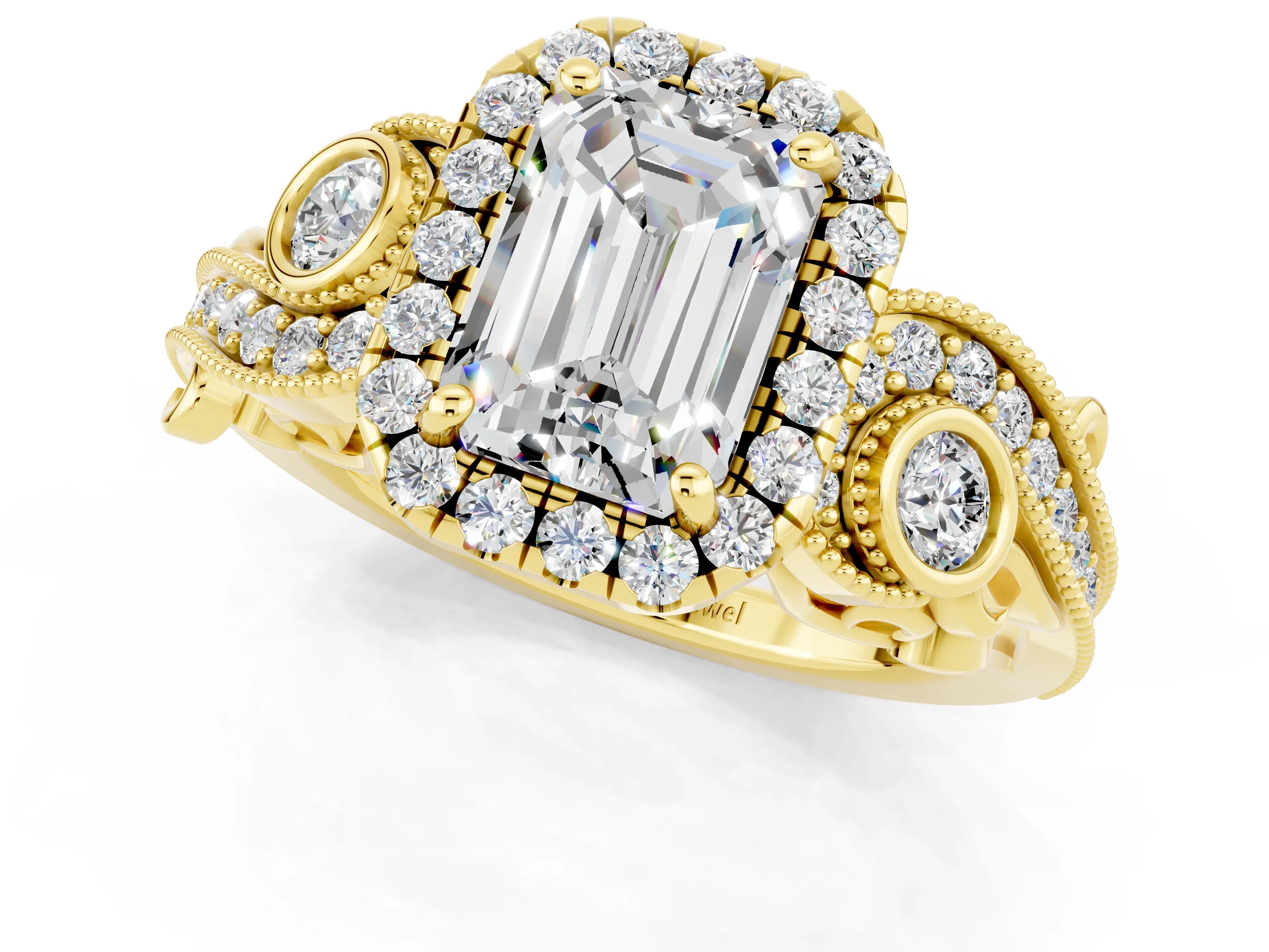 Yellow gold Emerald Cut Moissanite Halo Ring with Milgrain Pavé Band and Four-Prong Setting_13