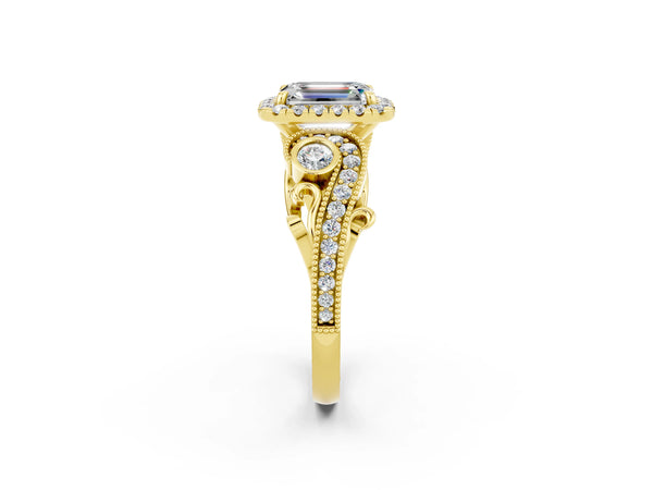 Yellow gold Emerald Cut Moissanite Halo Ring with Milgrain Pavé Band and Four-Prong Setting