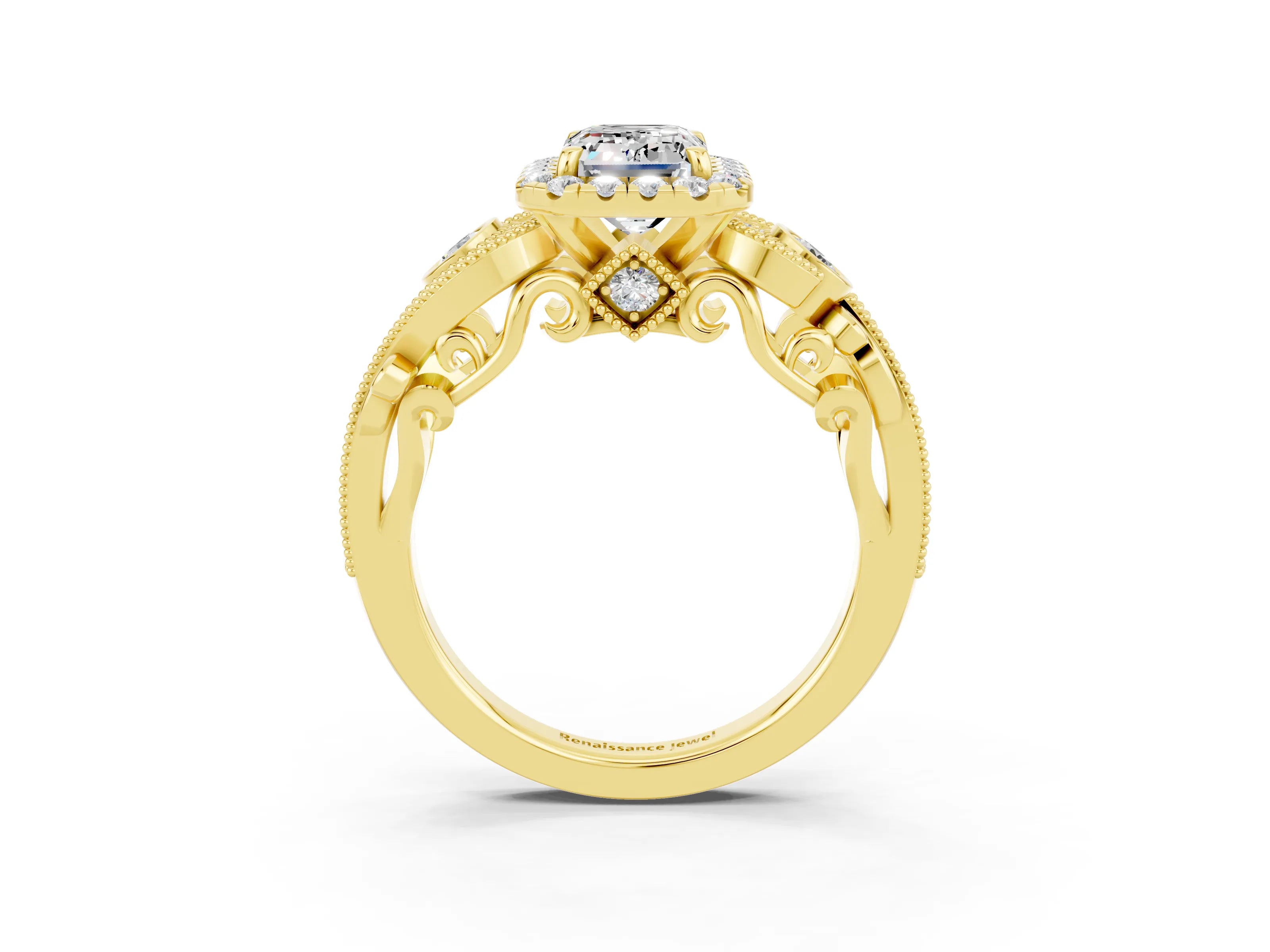 Yellow gold Emerald Cut Moissanite Halo Ring with Milgrain Pavé Band and Four-Prong Setting_15