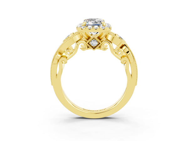 Yellow gold Emerald Cut Moissanite Halo Ring with Milgrain Pavé Band and Four-Prong Setting