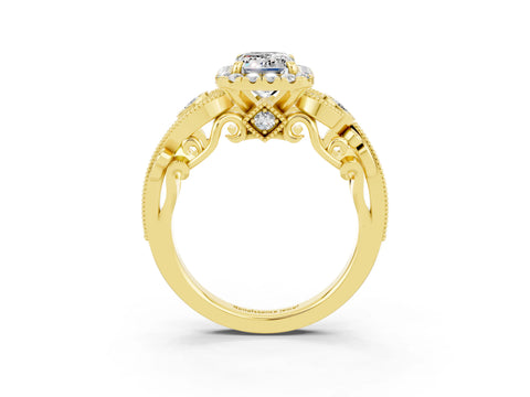 Yellow gold Emerald Cut Moissanite Halo Ring with Milgrain Pavé Band and Four-Prong Setting_15