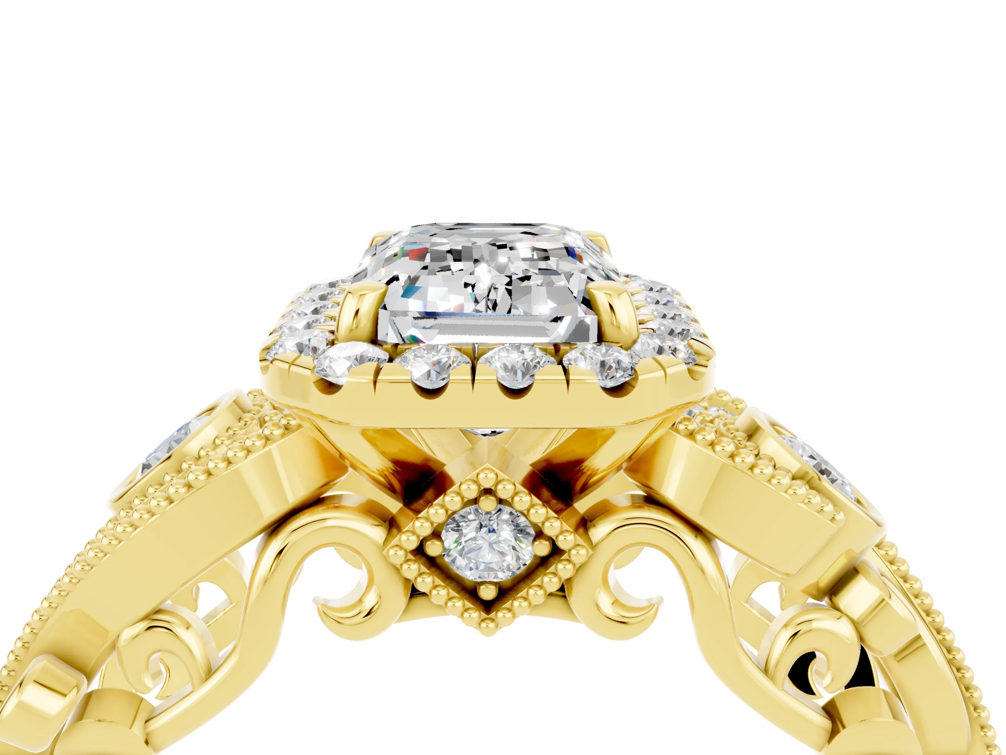 Yellow gold Emerald Cut Moissanite Halo Ring with Milgrain Pavé Band and Four-Prong Setting_16