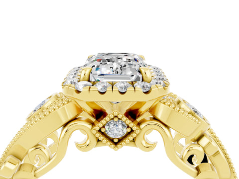 Yellow gold Emerald Cut Moissanite Halo Ring with Milgrain Pavé Band and Four-Prong Setting_16
