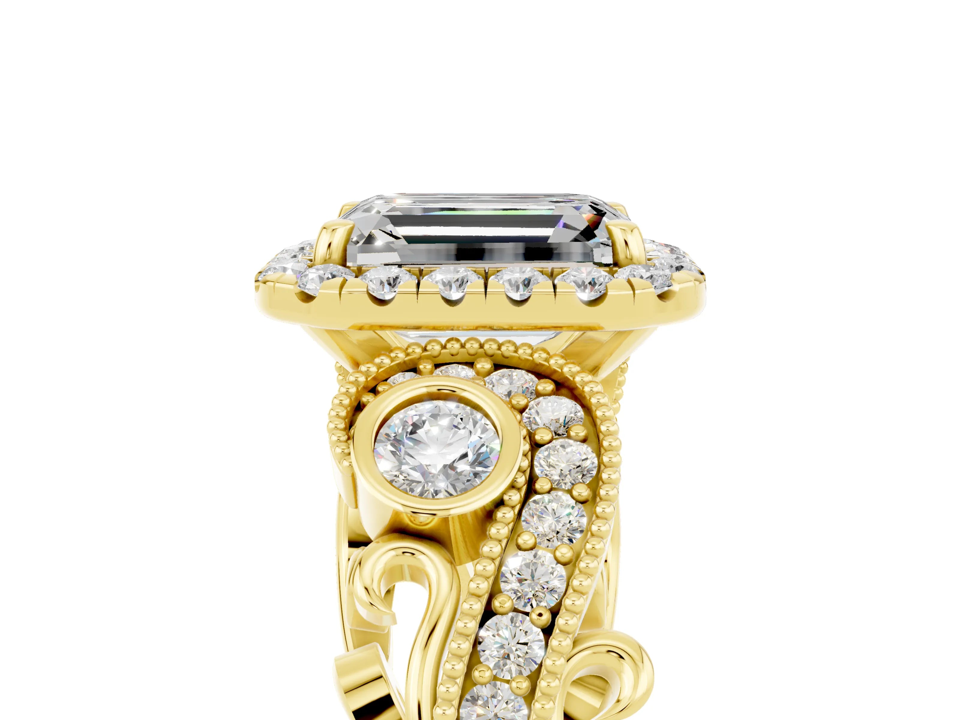 Yellow gold Emerald Cut Moissanite Halo Ring with Milgrain Pavé Band and Four-Prong Setting_17