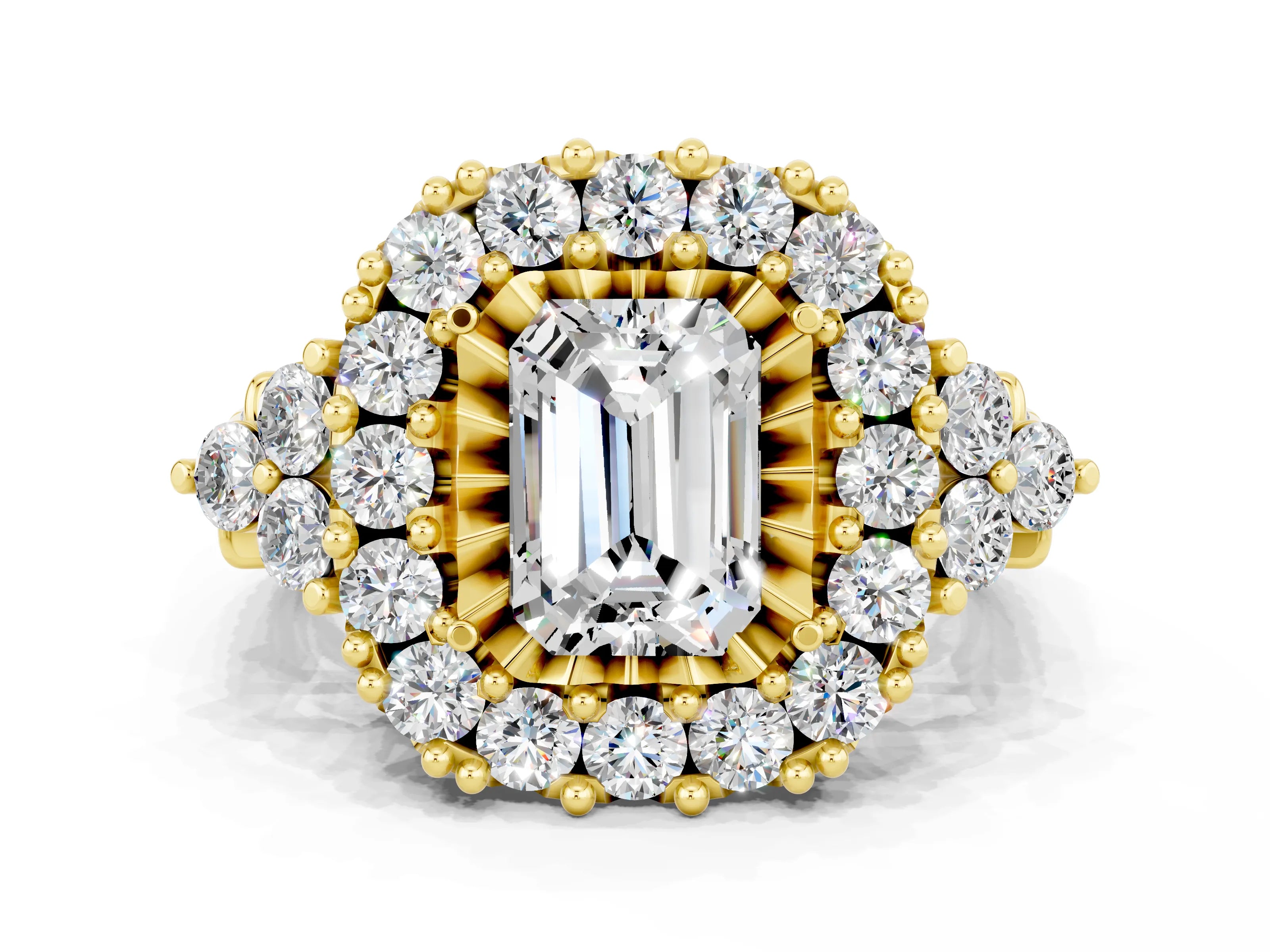 Yellow gold Emerald Cut Moissanite Halo Ring with Pavé Band and Four-Prong Setting_12