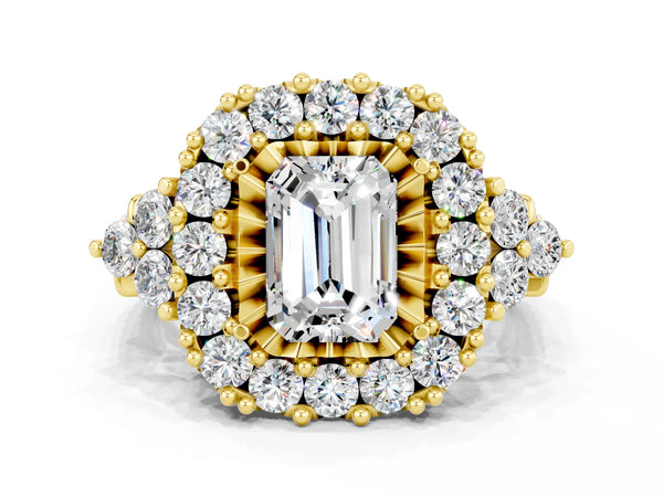 Yellow gold Emerald Cut Moissanite Halo Ring with Pavé Band and Four-Prong Setting