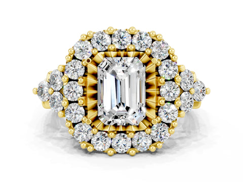 Yellow gold Emerald Cut Moissanite Halo Ring with Pavé Band and Four-Prong Setting_12