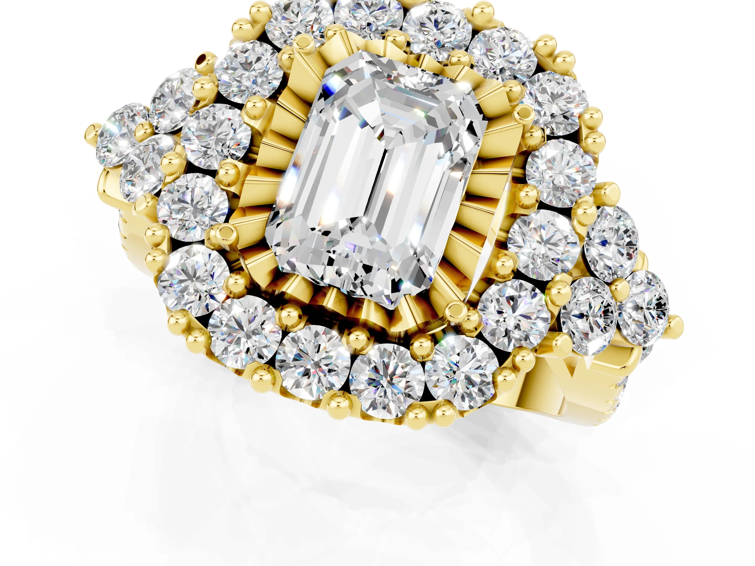 Yellow gold Emerald Cut Moissanite Halo Ring with Pavé Band and Four-Prong Setting_13