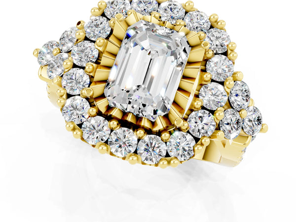 Yellow gold Emerald Cut Moissanite Halo Ring with Pavé Band and Four-Prong Setting