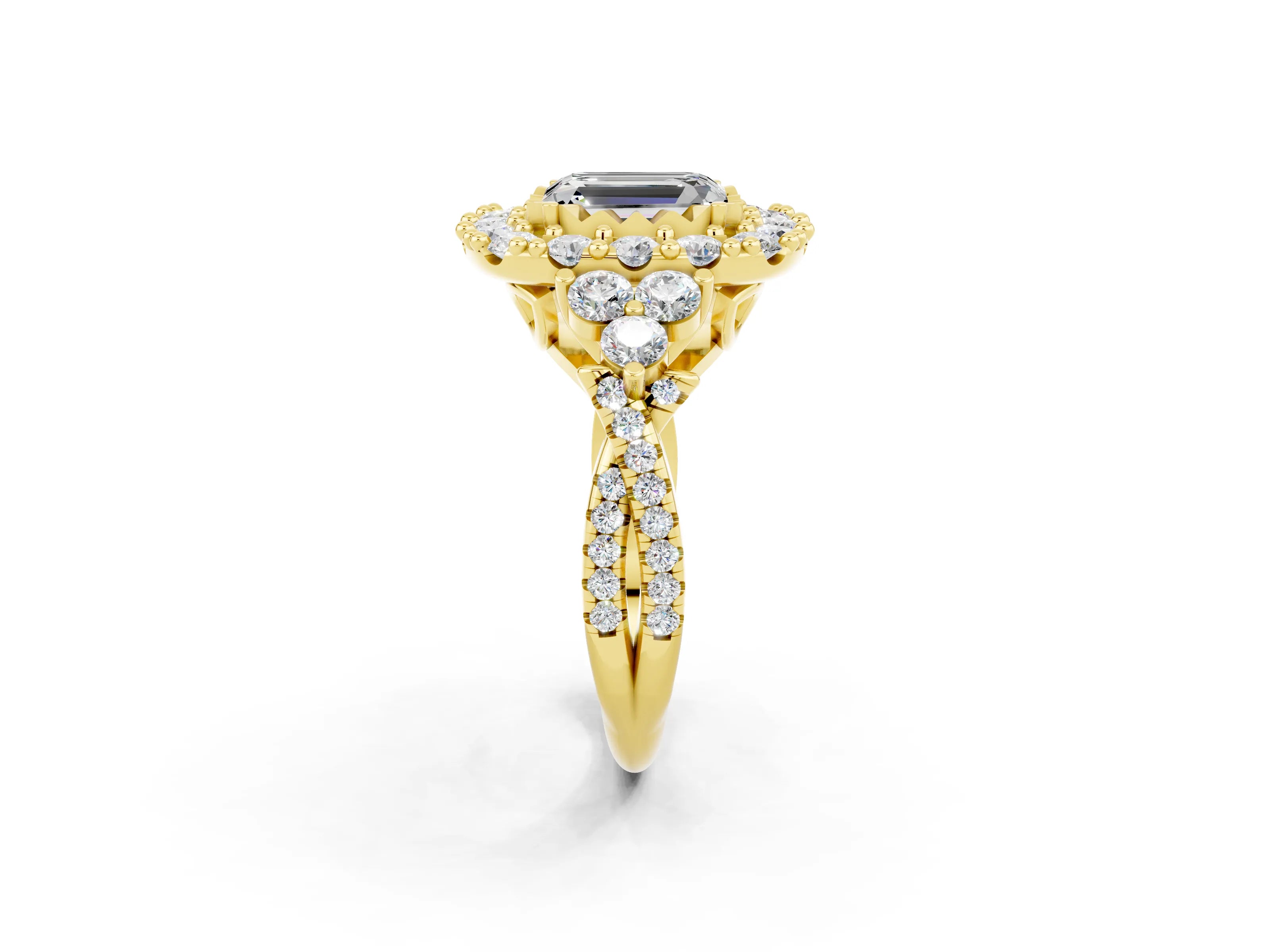Yellow gold Emerald Cut Moissanite Halo Ring with Pavé Band and Four-Prong Setting_14