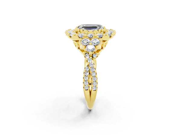 Yellow gold Emerald Cut Moissanite Halo Ring with Pavé Band and Four-Prong Setting