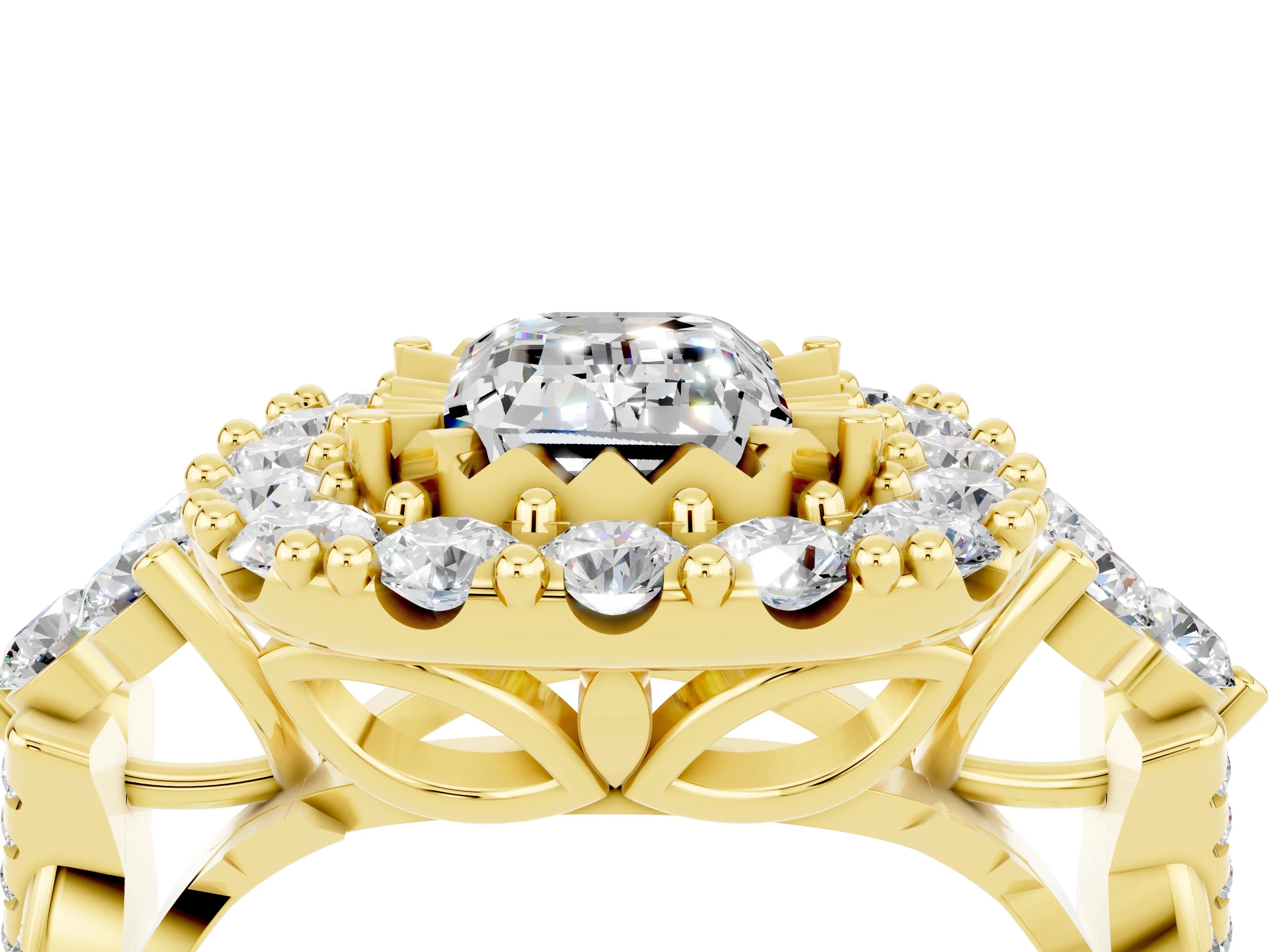 Yellow gold Emerald Cut Moissanite Halo Ring with Pavé Band and Four-Prong Setting_16