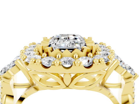 Yellow gold Emerald Cut Moissanite Halo Ring with Pavé Band and Four-Prong Setting_16